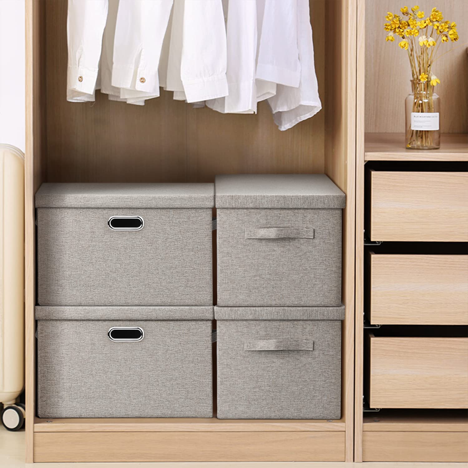 Graciadeco bins arranged in bedroom showcasing organized closet and decorative look