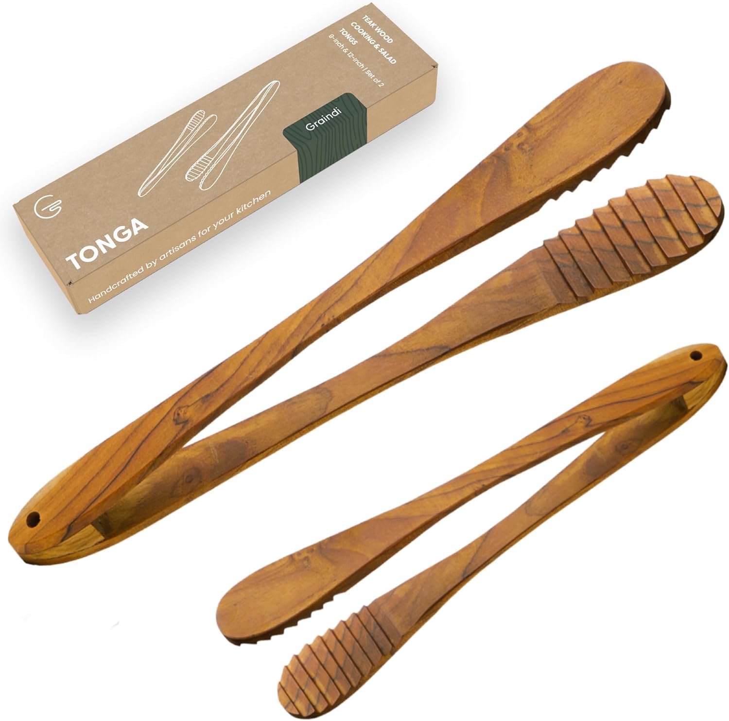 Graindi teak tongs front packaging showing pair and benefits