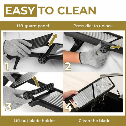 Gramercy included cut-resistant gloves and guide for safer slicing