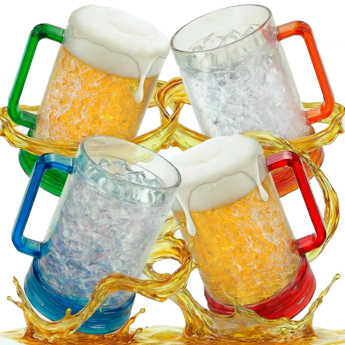 Granatan front view of four frozen beer mugs showing colors and frosty look benefit