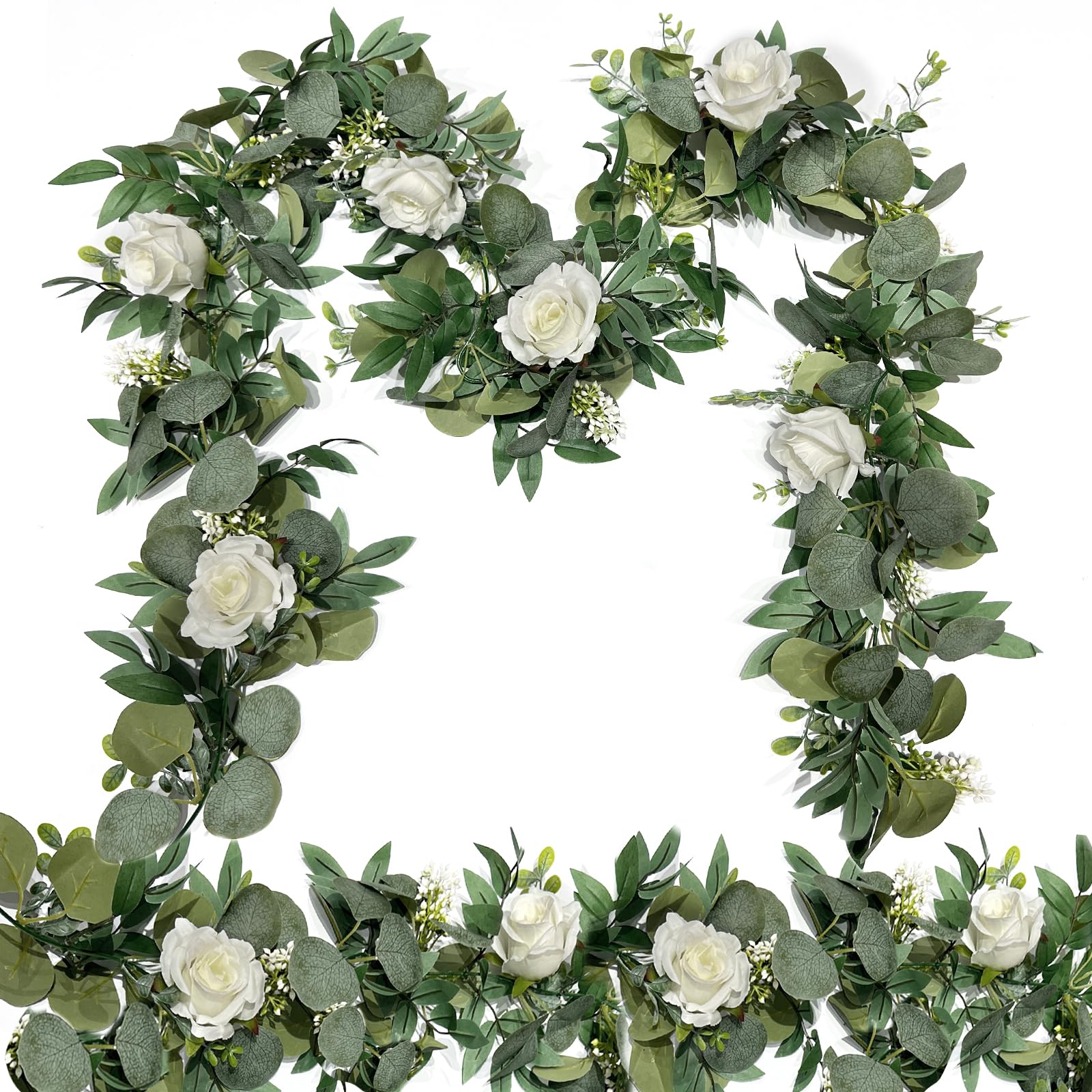 Grandeal front view of 2-pack garlands showing white roses and eucalyptus, enhancing event decor