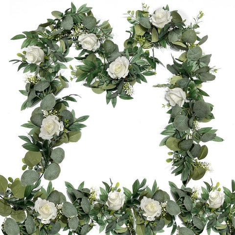 Grandeal front view of 2-pack garlands showing white roses and eucalyptus, enhancing event decor