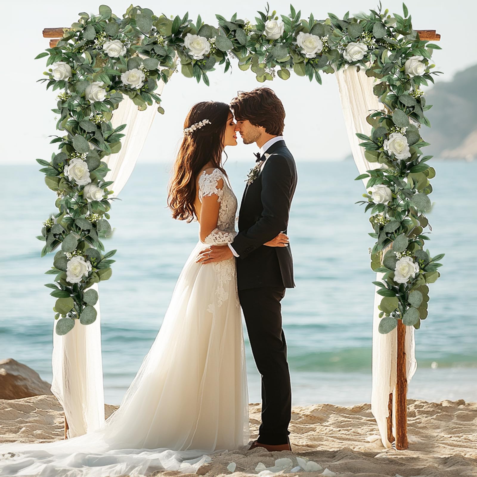 Grandeal garland draped on wedding arch demonstrating flexible wire and elegant styling