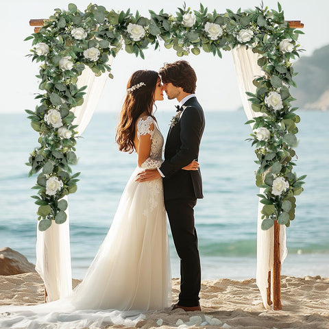 Grandeal garland draped on wedding arch demonstrating flexible wire and elegant styling