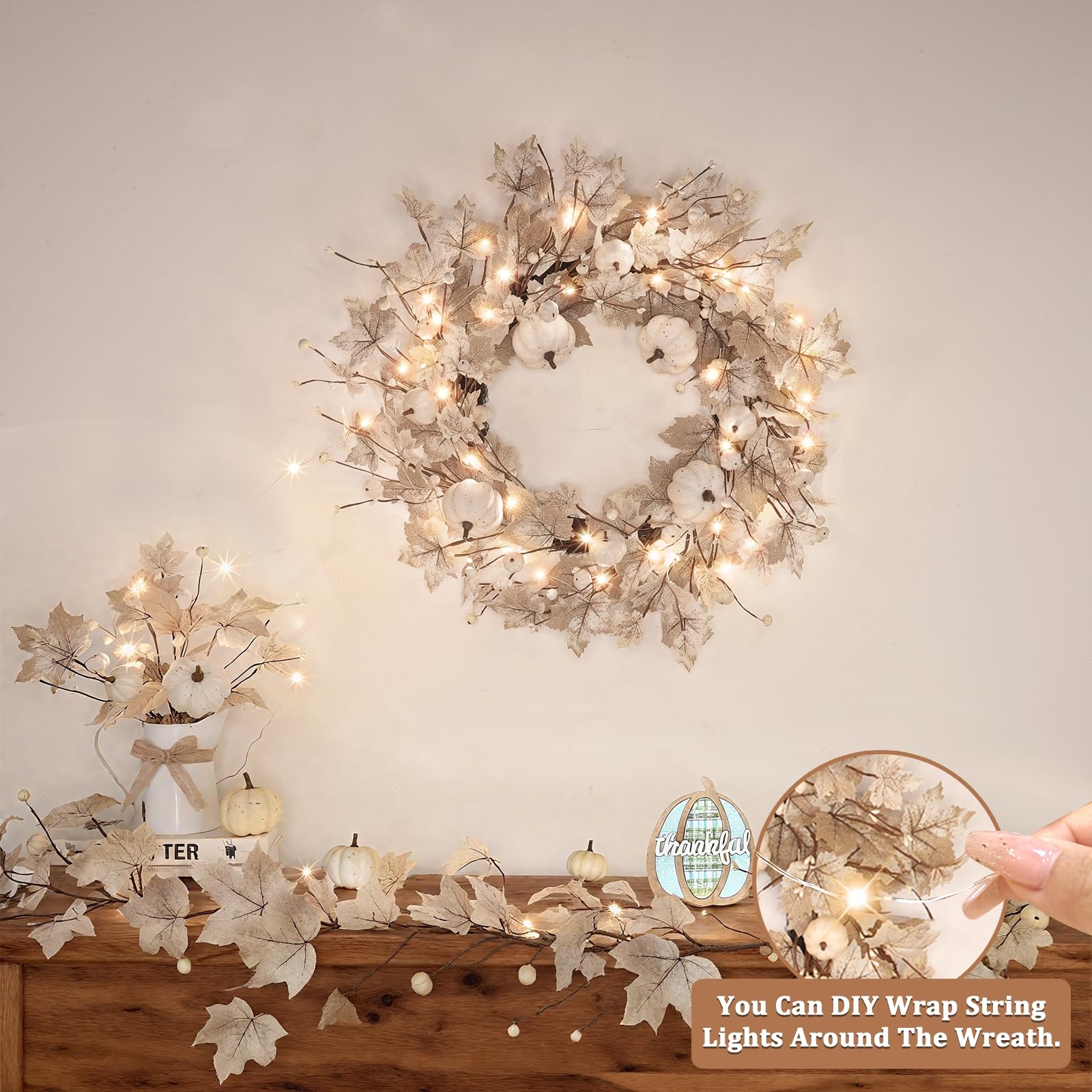 Grandeal wreath displayed on an indoor wall creating cozy autumn ambiance