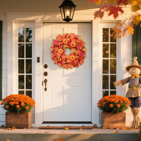 Grandeel lit wreath on evening porch creating warm, inviting outdoor glow
