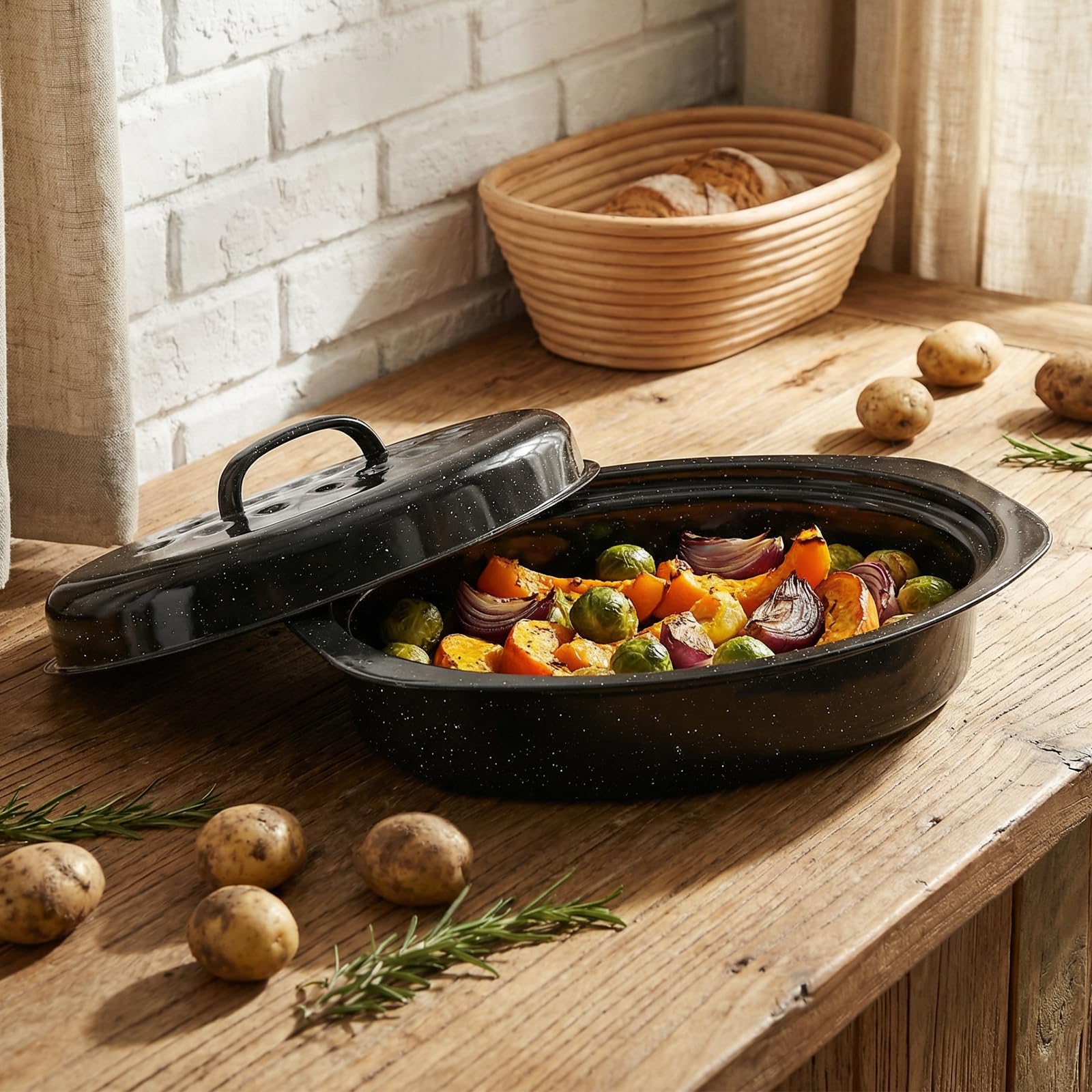 Granite bowl rim and handle detail showing comfortable grip for safe oven-to-table transport