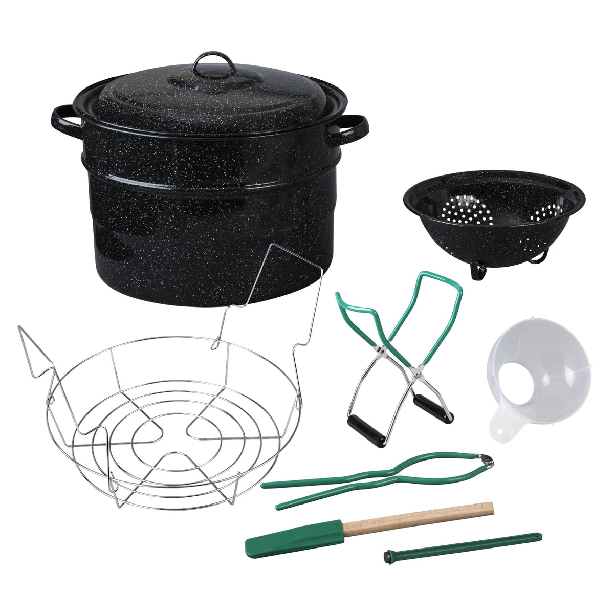 Granite Ware front view of 21-quart canner showing roomy interior and handles for safe transport