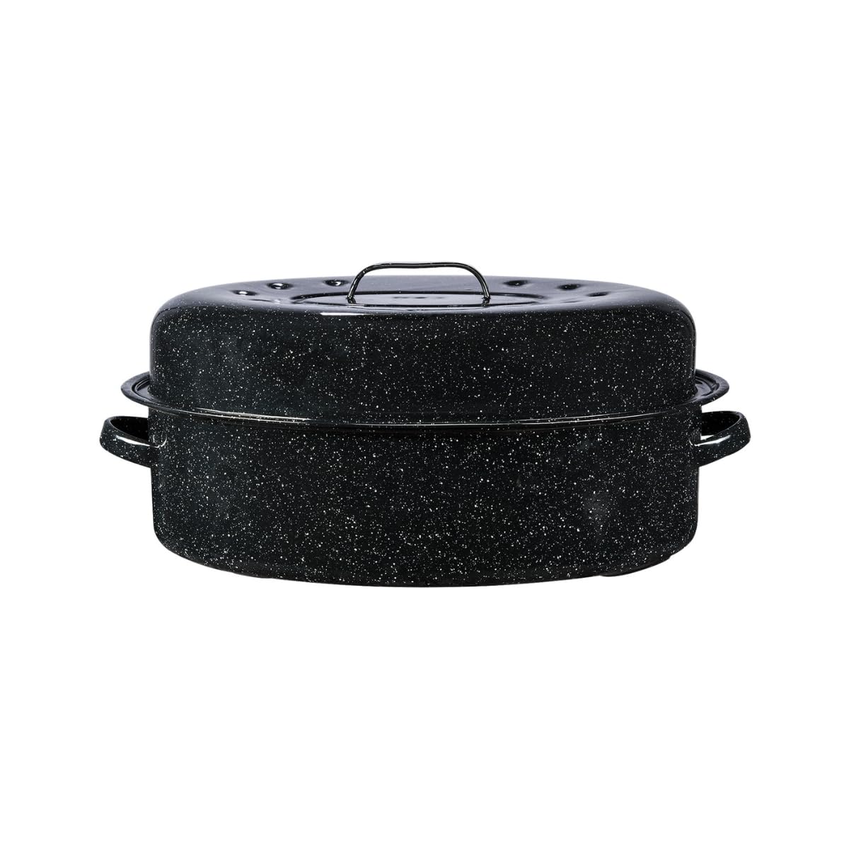 Granite Ware front view of covered oval roaster showing durable design and even heating