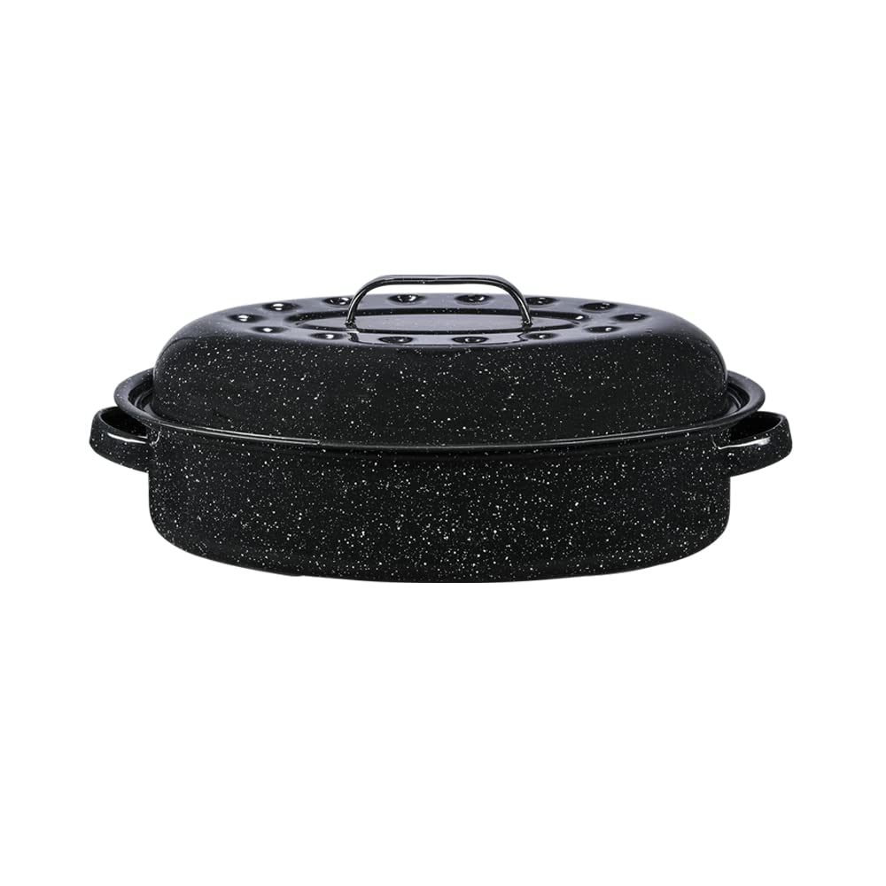 Granite Ware front view of covered oval roaster showing speckled black finish and handles, durable cooking