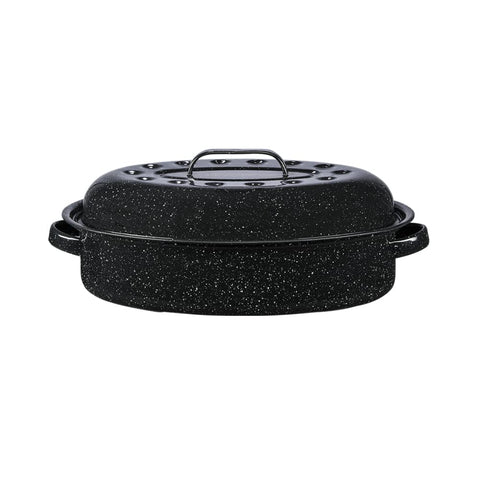 Granite Ware front view of covered oval roaster showing speckled black finish and handles, durable cooking