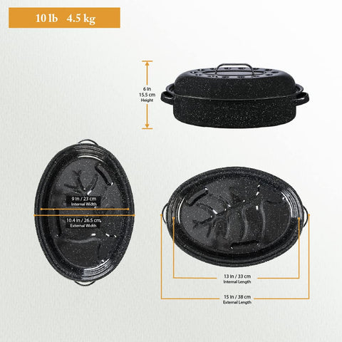 Granite Ware roaster in oven with roasted chicken, promotes even browning