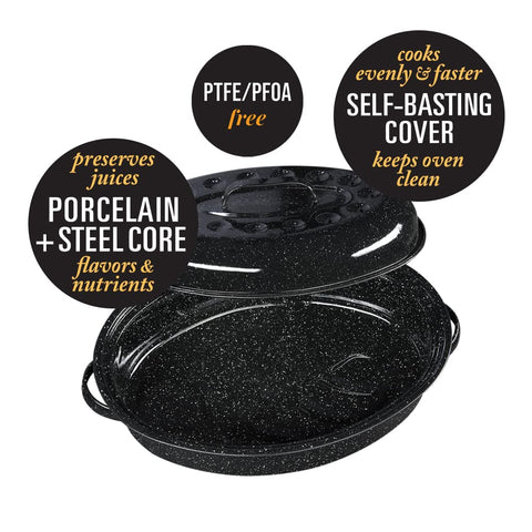 Granite Ware lid interior showing dimples for basting, helps retain moisture