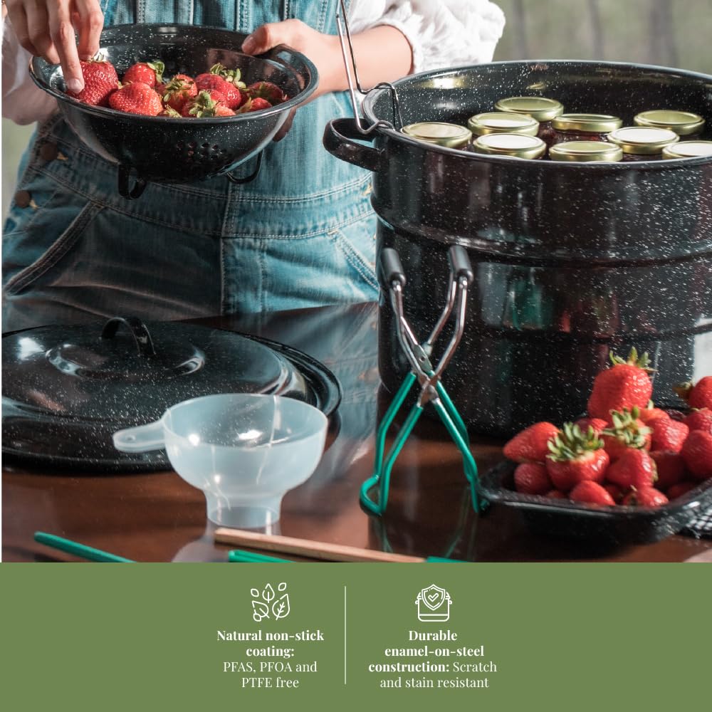 Granite Ware lid and handle close-up showing snug fit and sturdy grip for lifting