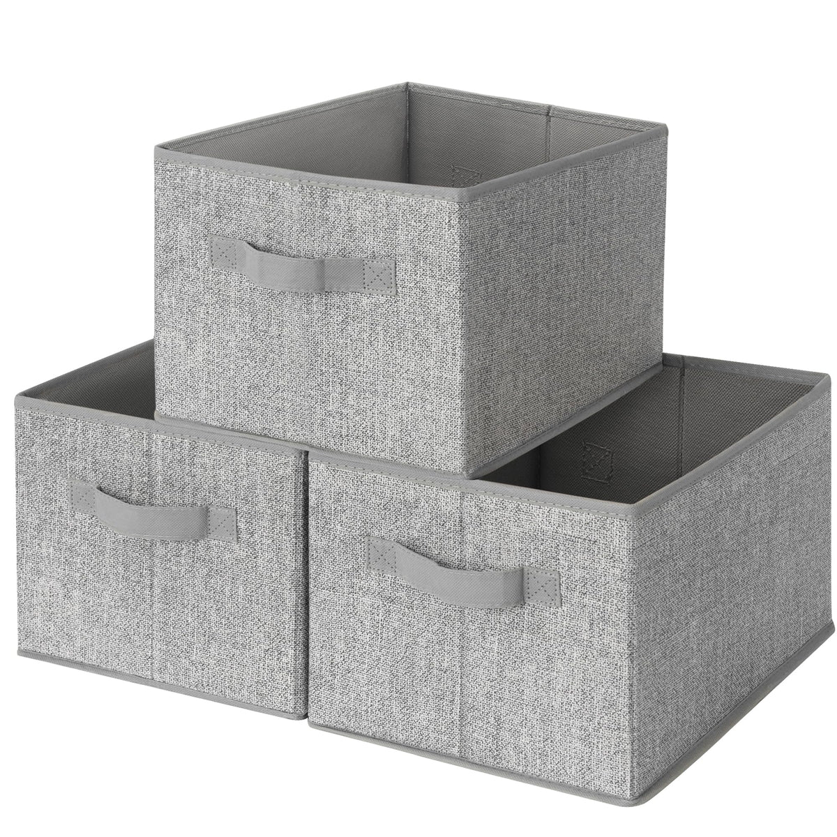 GRANNY SAYS front view of 3-pack gray bins showing neat shelf organization benefit