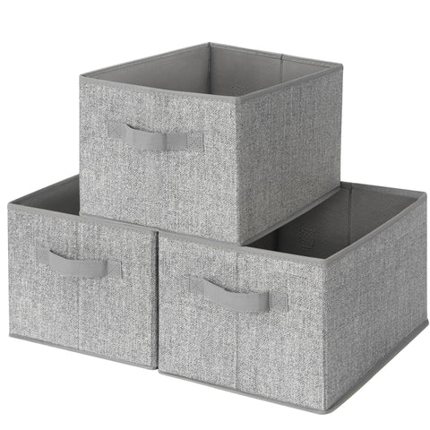 GRANNY SAYS front view of 3-pack gray bins showing neat shelf organization benefit