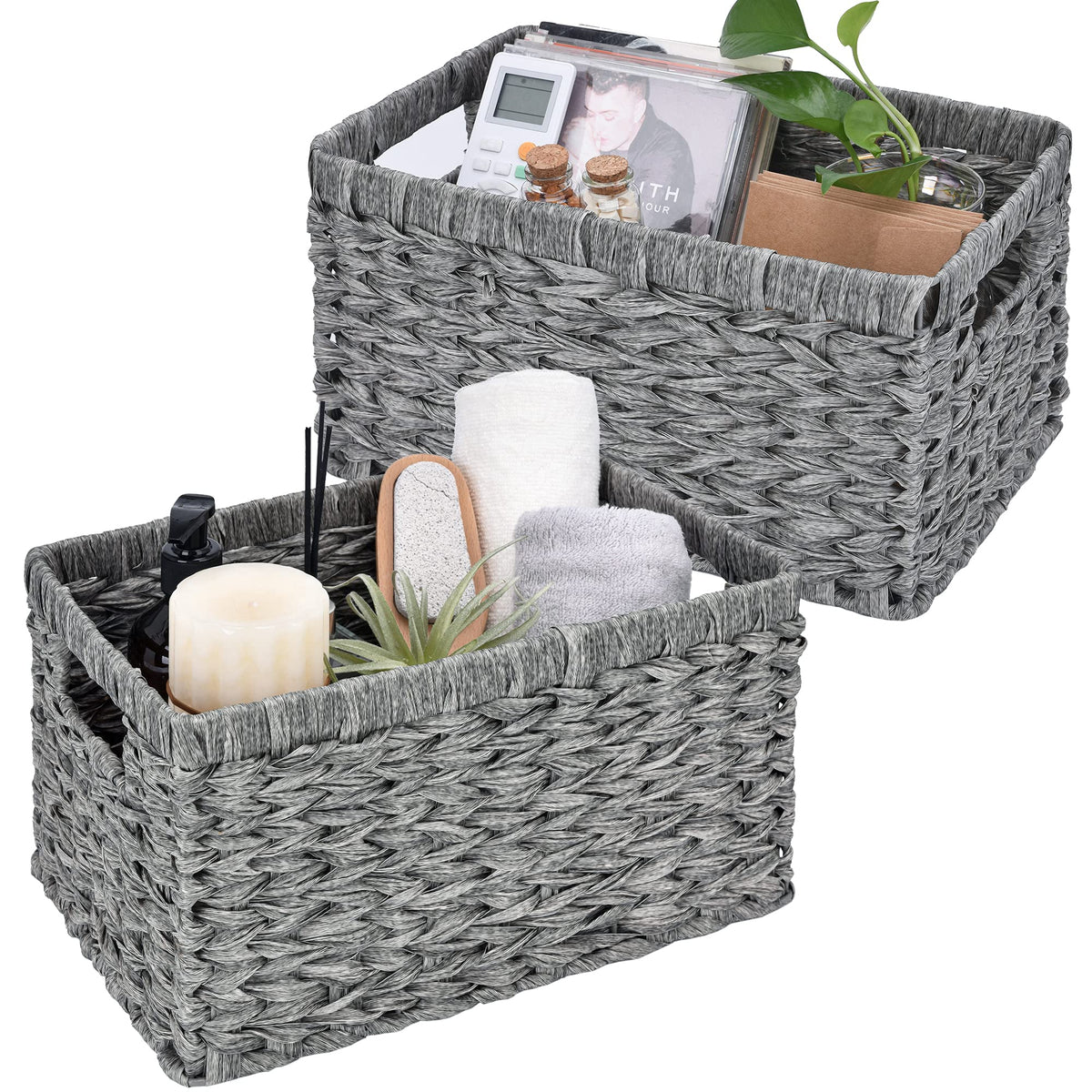 GRANNY SAYS front view of two gray baskets showing neat storage and style