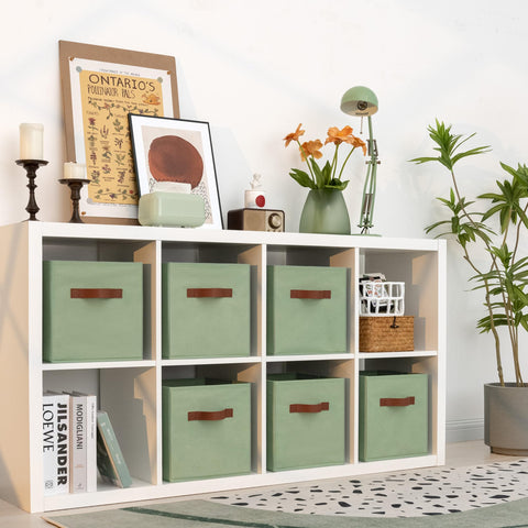GRANNY SAYS cubes installed in a cube shelf demonstrating neat shelving benefit