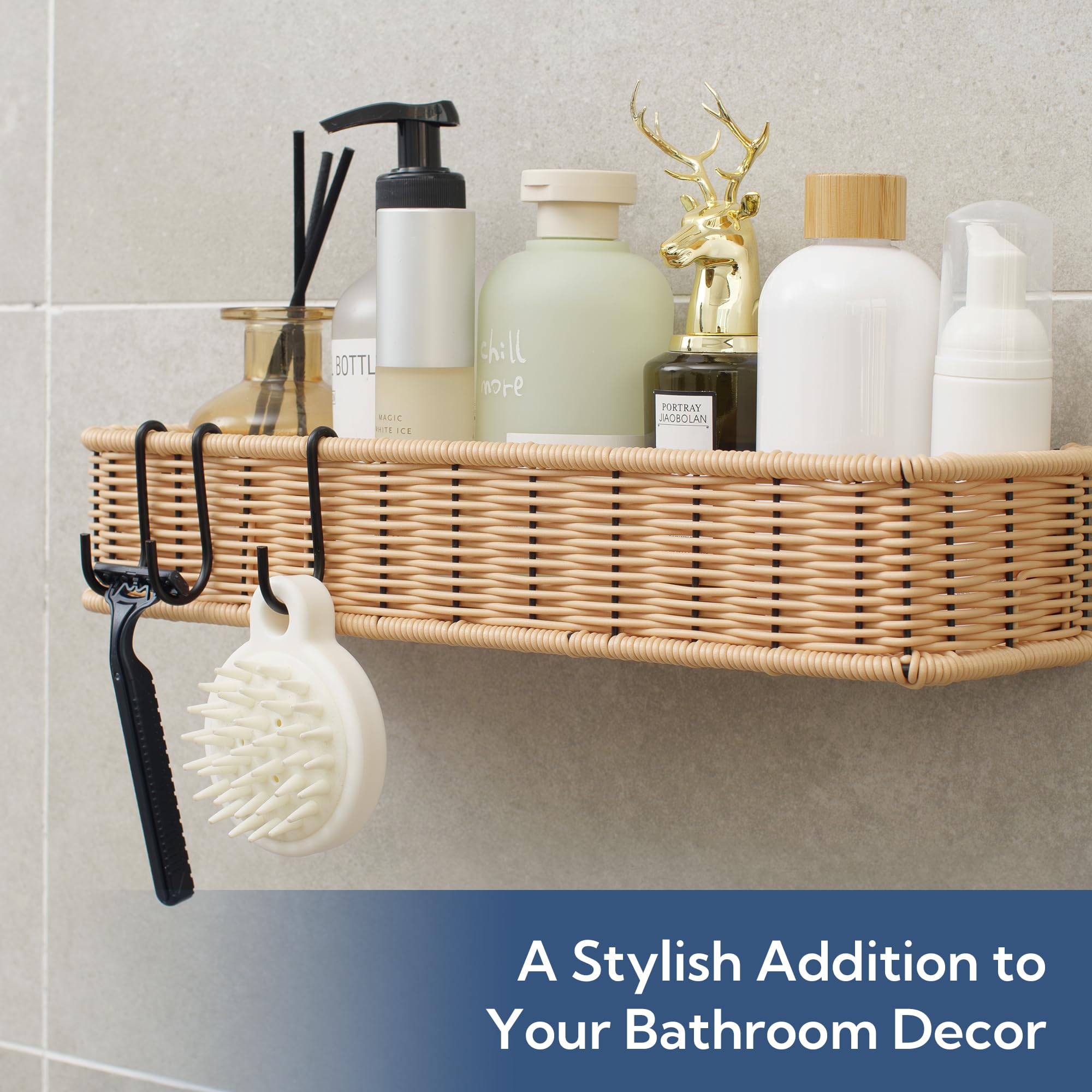 GRANNY SAYS shelf holding shampoo and conditioner for easy reach