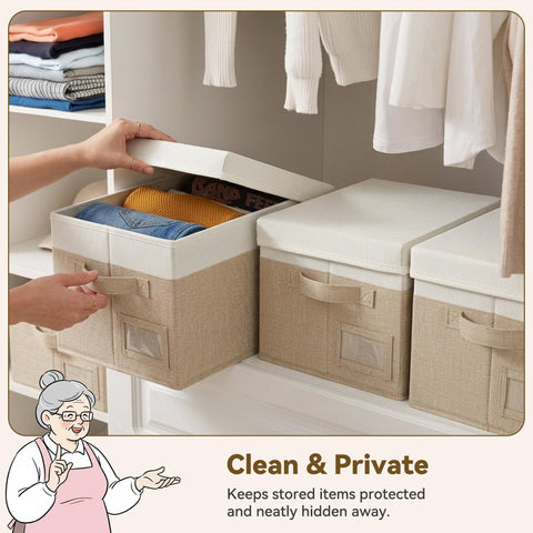 granny says stackable boxes on shelf saving vertical space