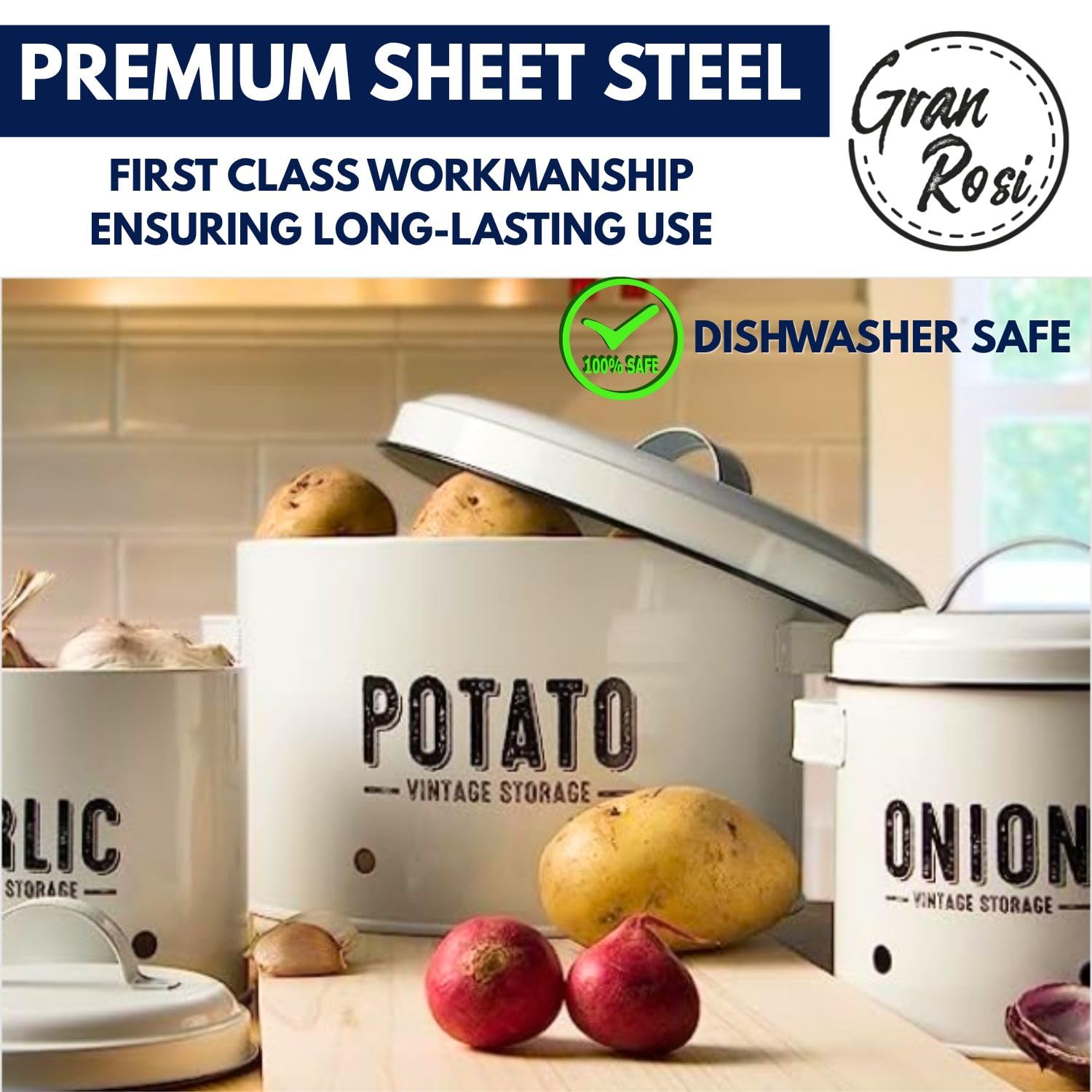Granrosi garlic keeper beside onion container showing compact space-saving size