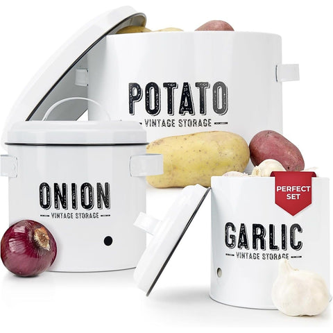 Granrosi front view of white metal potato onion garlic set for organized storage