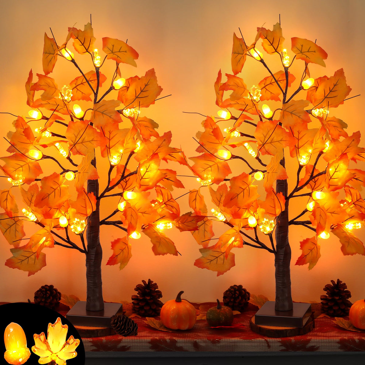 Grastfu front view showing both 24-inch trees and warm glow for cozy decor