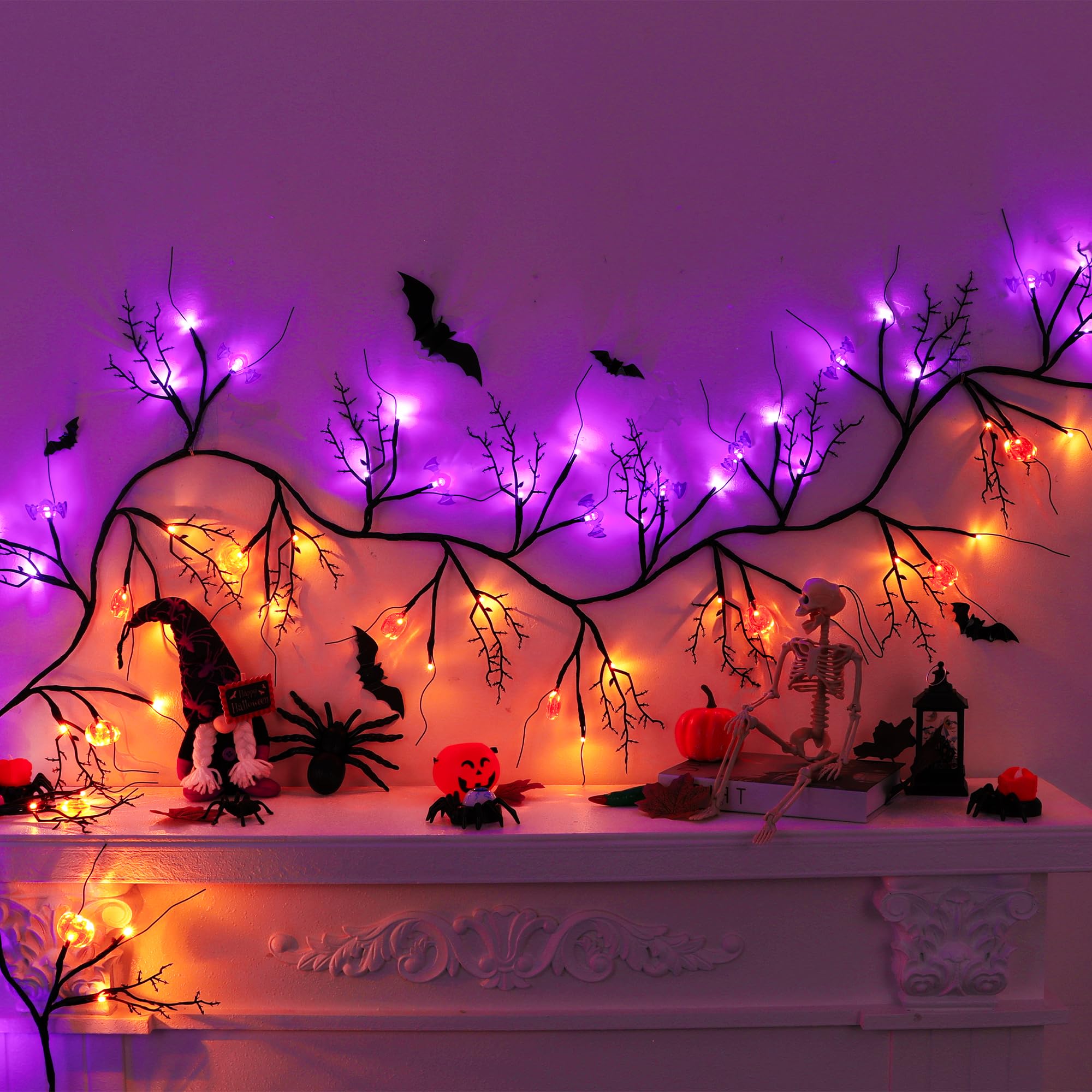 Grastfu front view garland on mantel showing spooky glow and coverage benefit