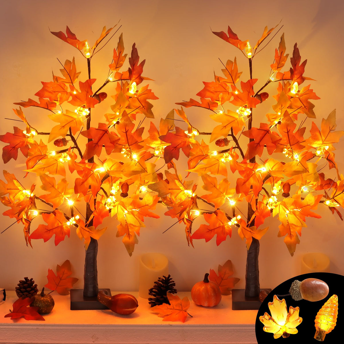Grastfu two 24-inch prelit maple trees front view showing warm LEDs and autumn appeal