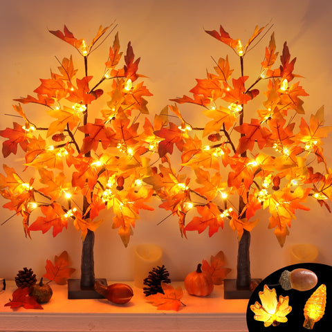 Grastfu two 24-inch prelit maple trees front view showing warm LEDs and autumn appeal