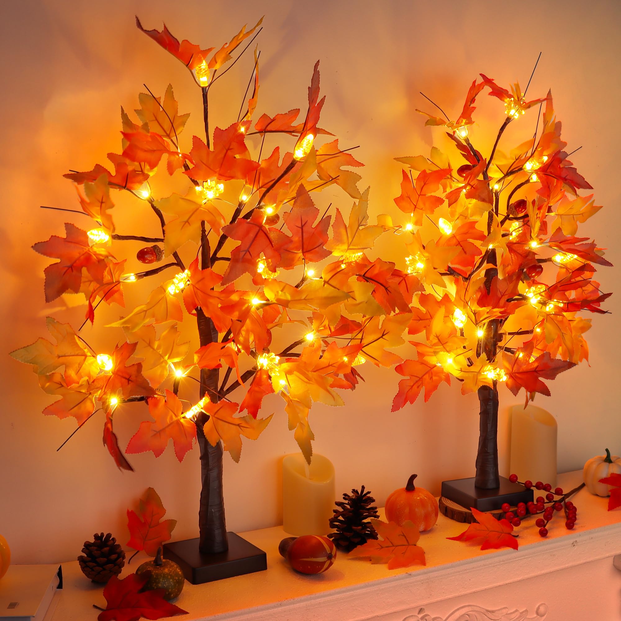 Grastfu styled on a mantel with pumpkins illustrating cozy Thanksgiving ambiance