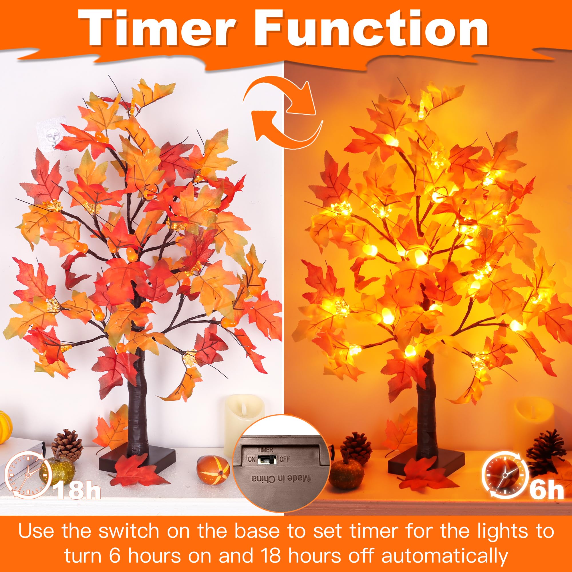 grastfu lit tree on mantel adding warm fall mood lighting