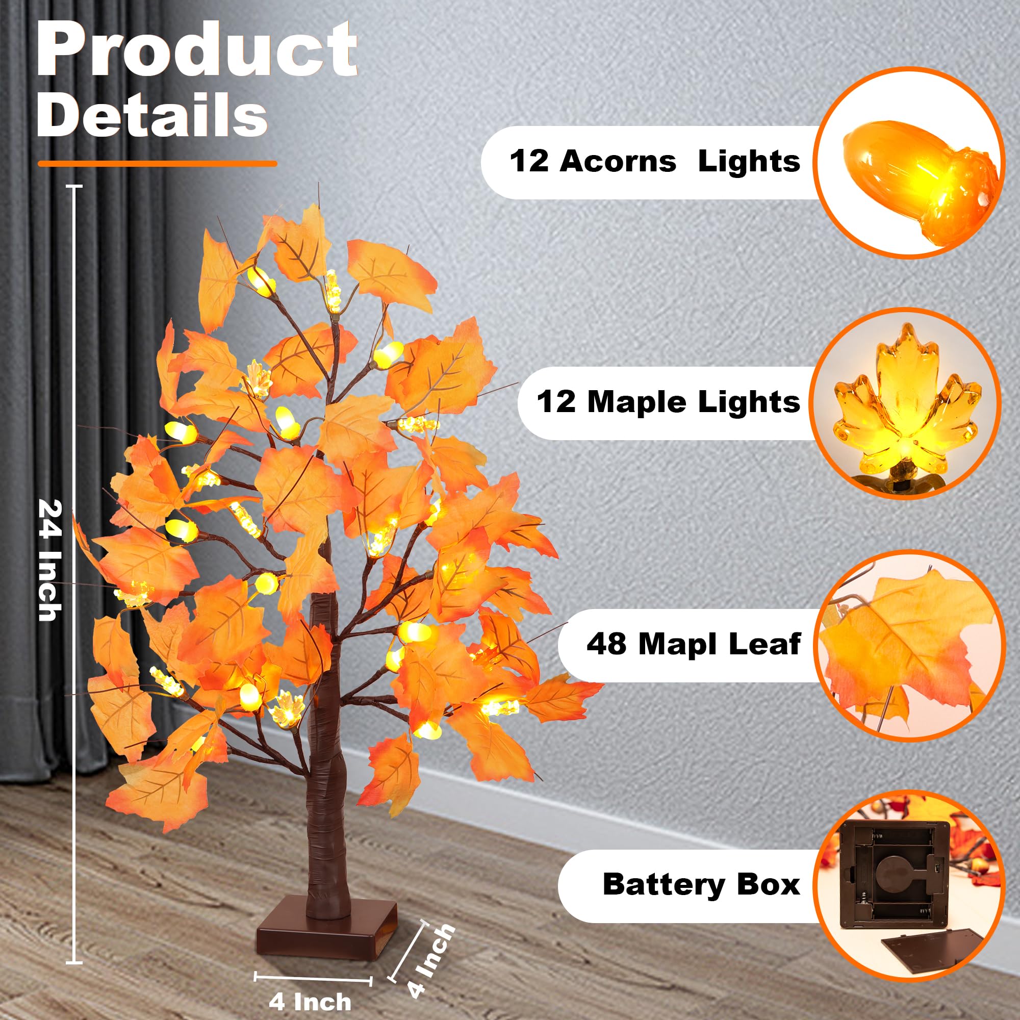 Grastfu lit trees on a mantel at night adding warm autumn ambiance