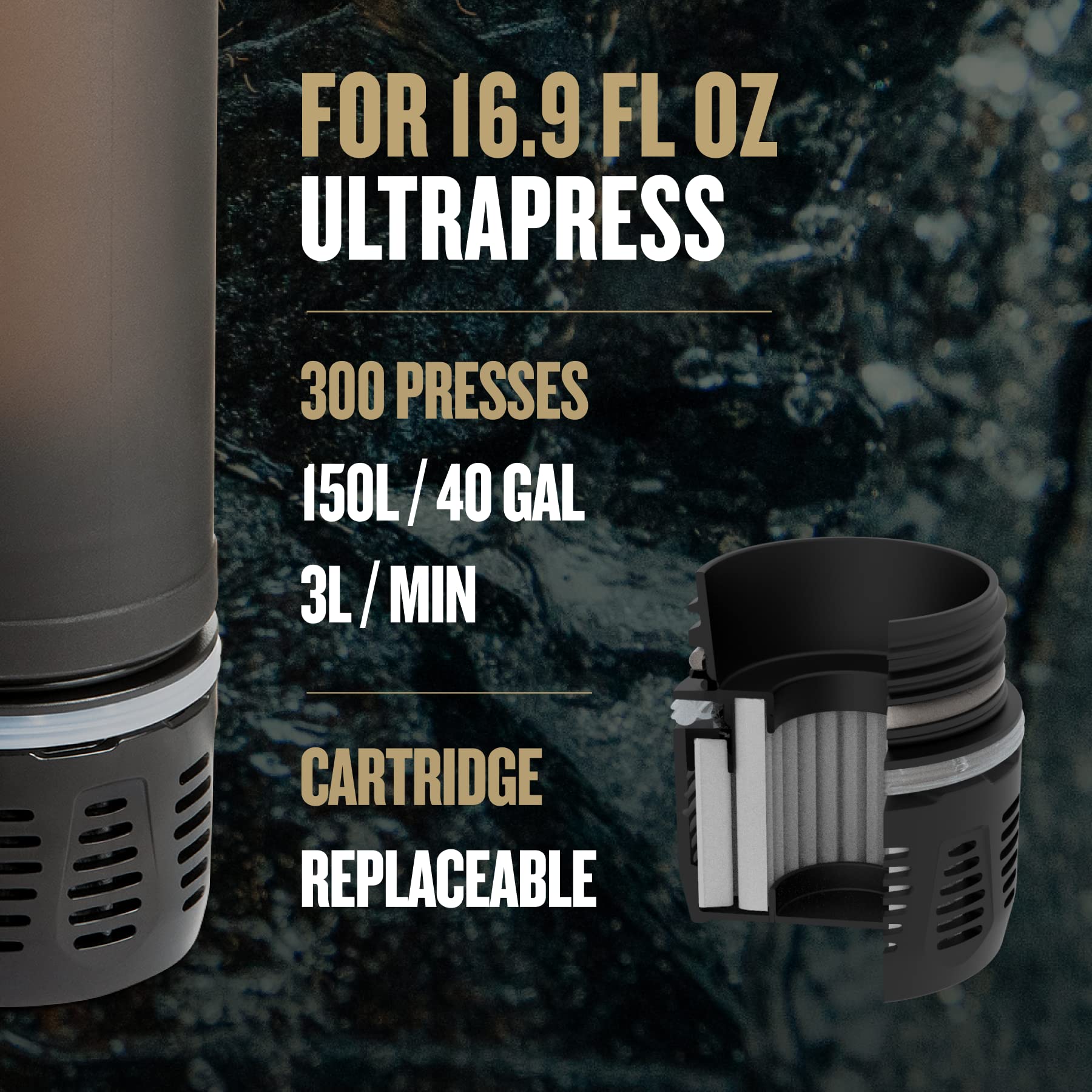 GRAYL cartridge installed in UltraPress bottle demonstrating straightforward tool-free swap
