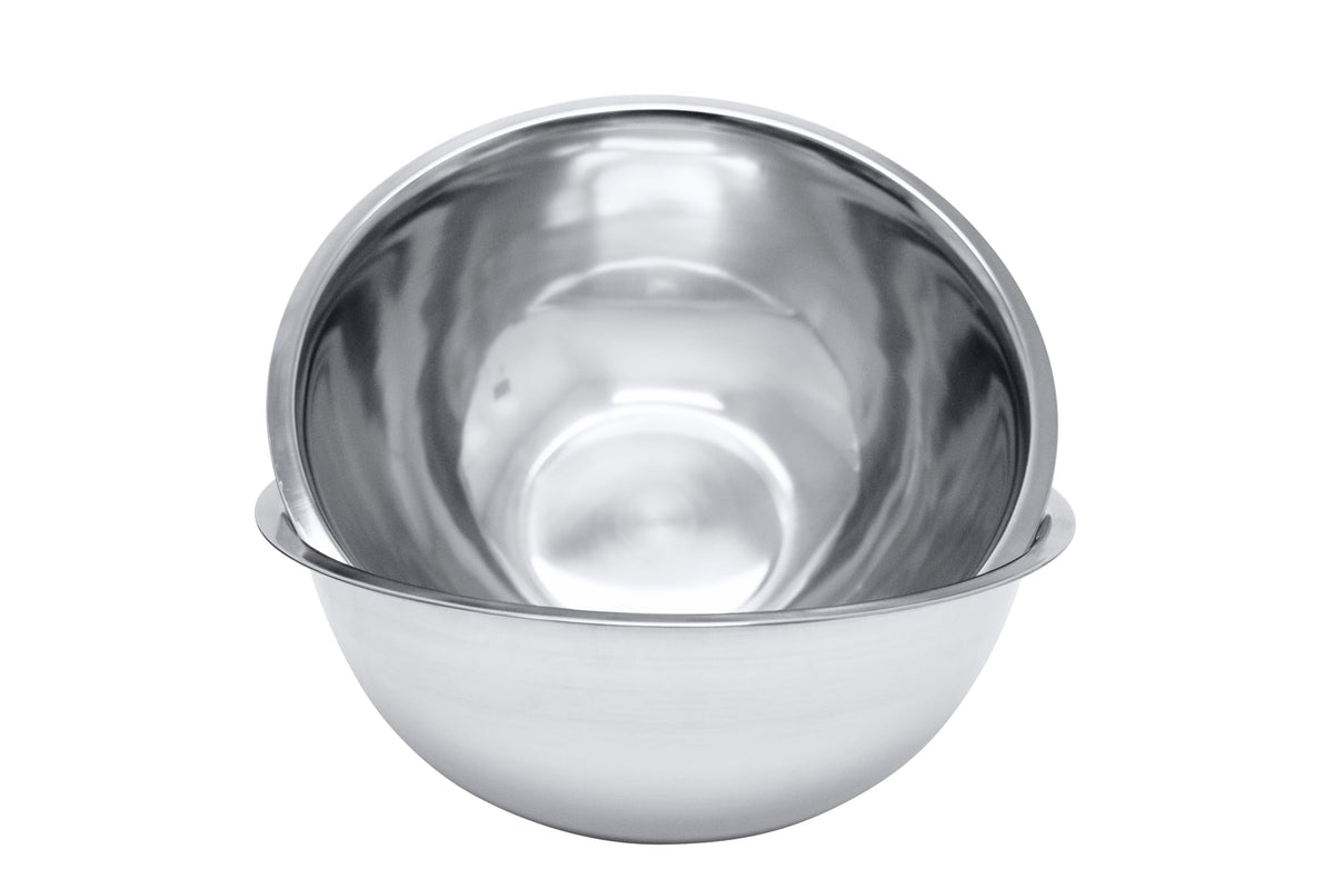 Great Credentials front view of two stainless mixing bowls showing professional finish and capacity