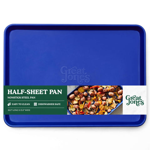 Great Jones front view of Blueberry half sheet pan showing capacity and fit