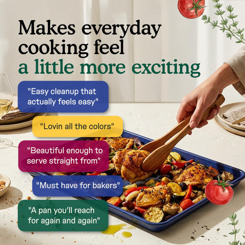 Great Jones half sheet pan staged in a modern kitchen for everyday use appeal