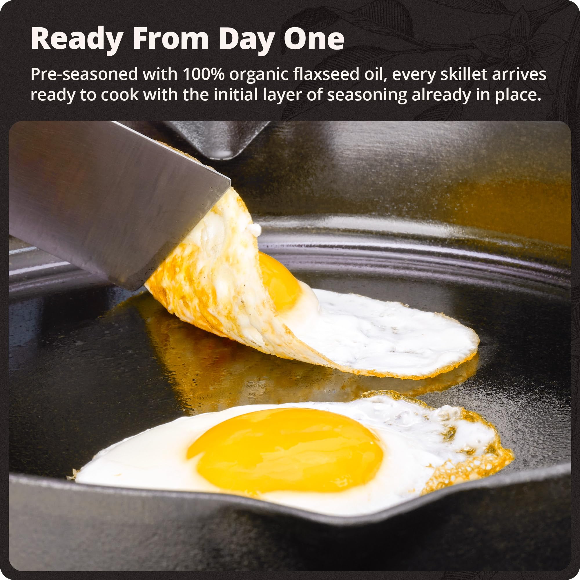 Greater Goods preseasoned skillet label with organic flaxseed oil benefit