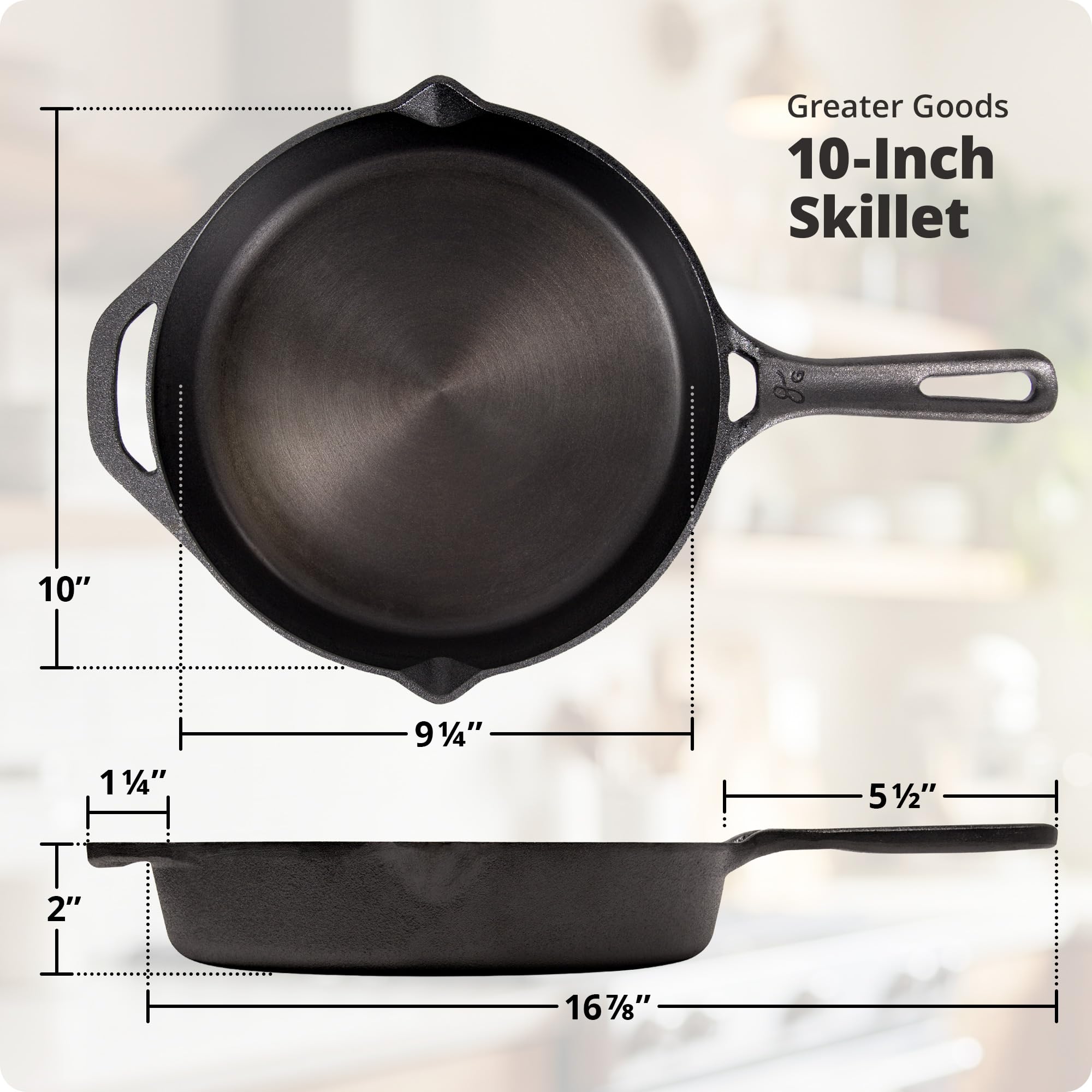 Greater Goods skillet size comparison with hand showing practical 10-inch scale