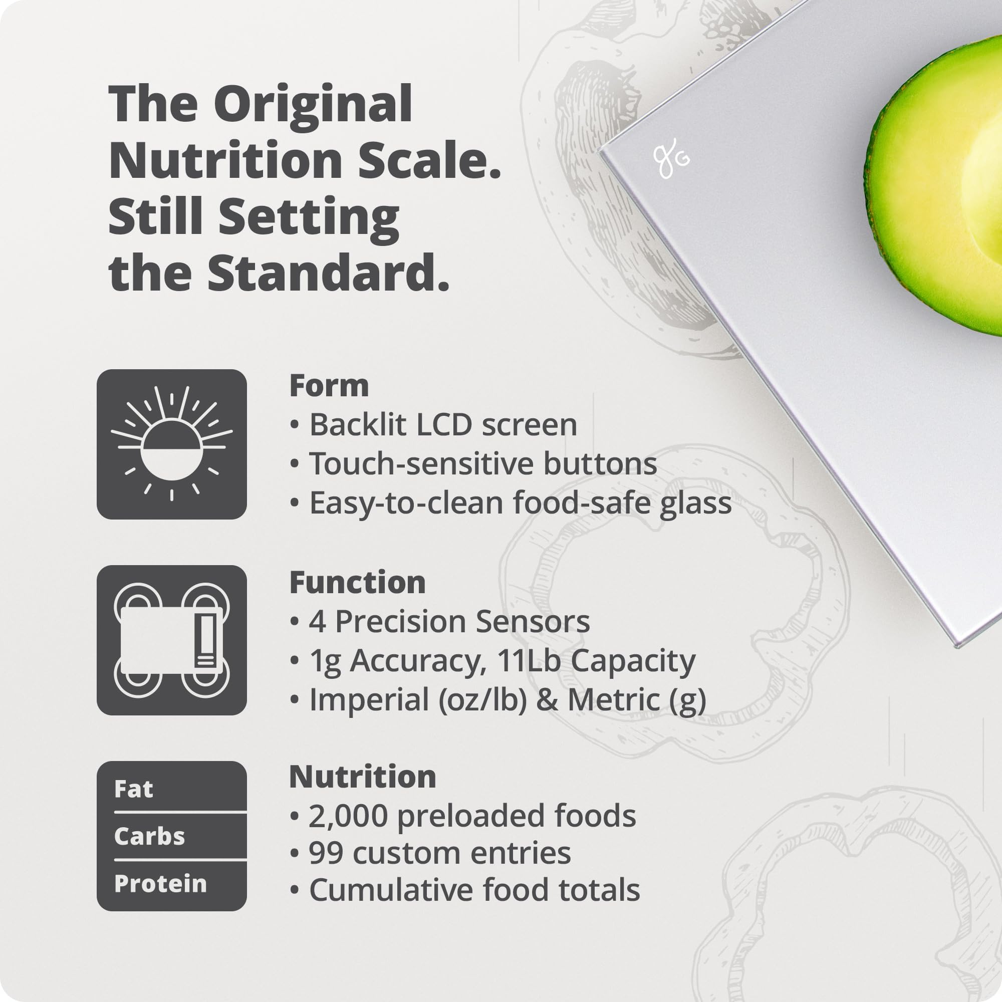 Greater Goods scale display showing calories and macros for quick meal tracking benefit