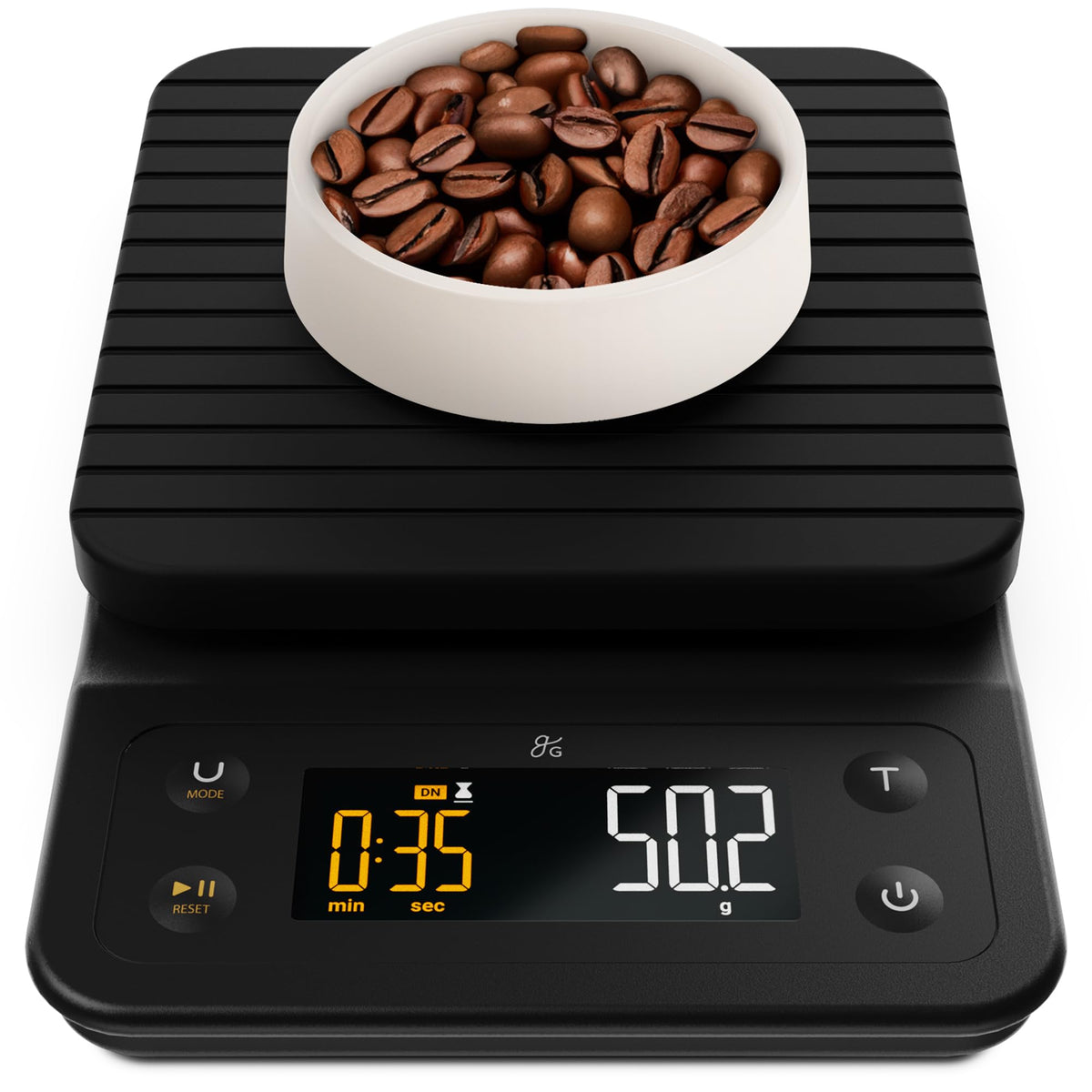 Greater Goods scale front view showing clean platform and controls for precise brewing