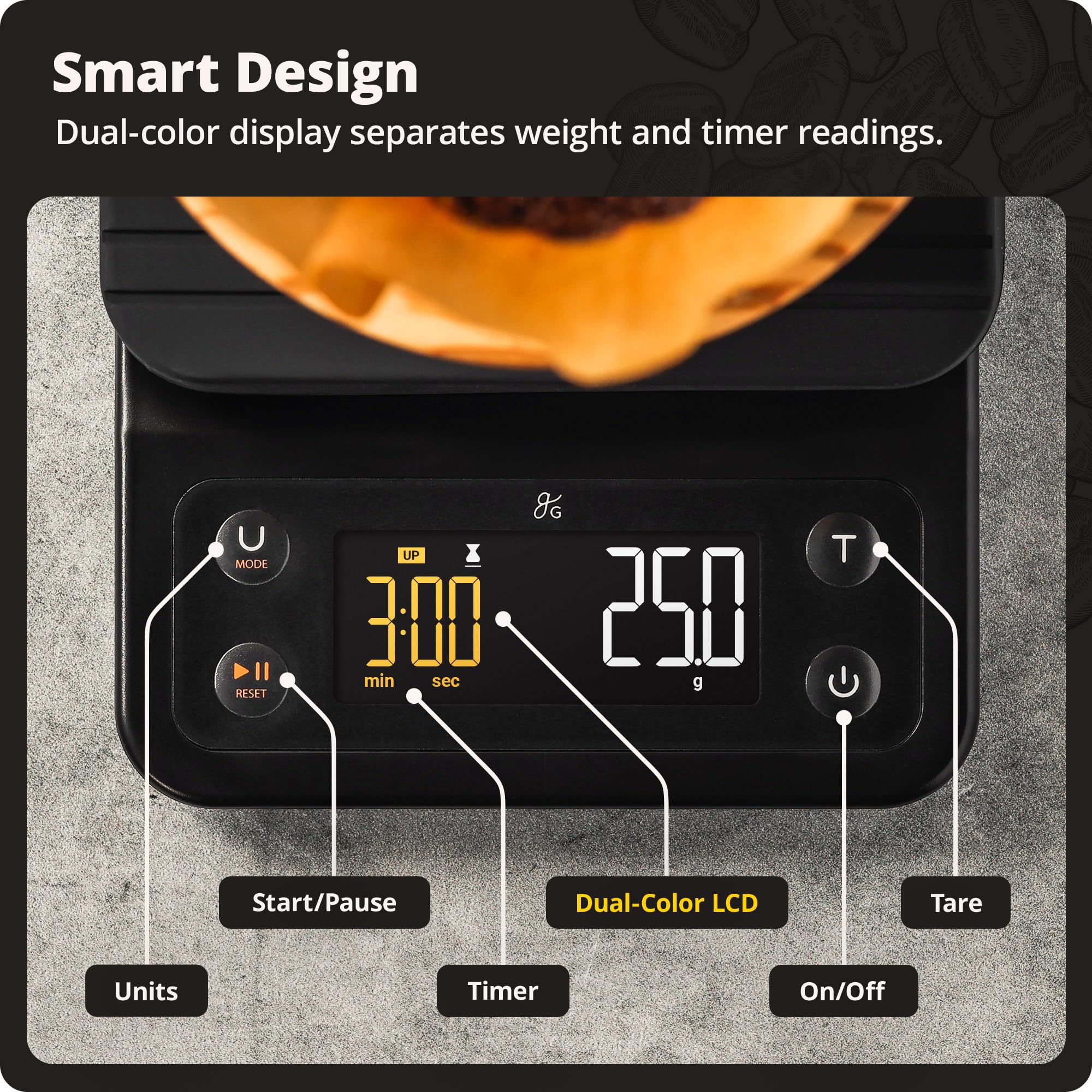 Greater Goods scale in kitchen lifestyle scene conveying reliable daily brewing workflow