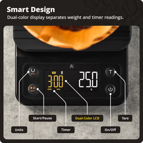 Greater Goods scale in kitchen lifestyle scene conveying reliable daily brewing workflow