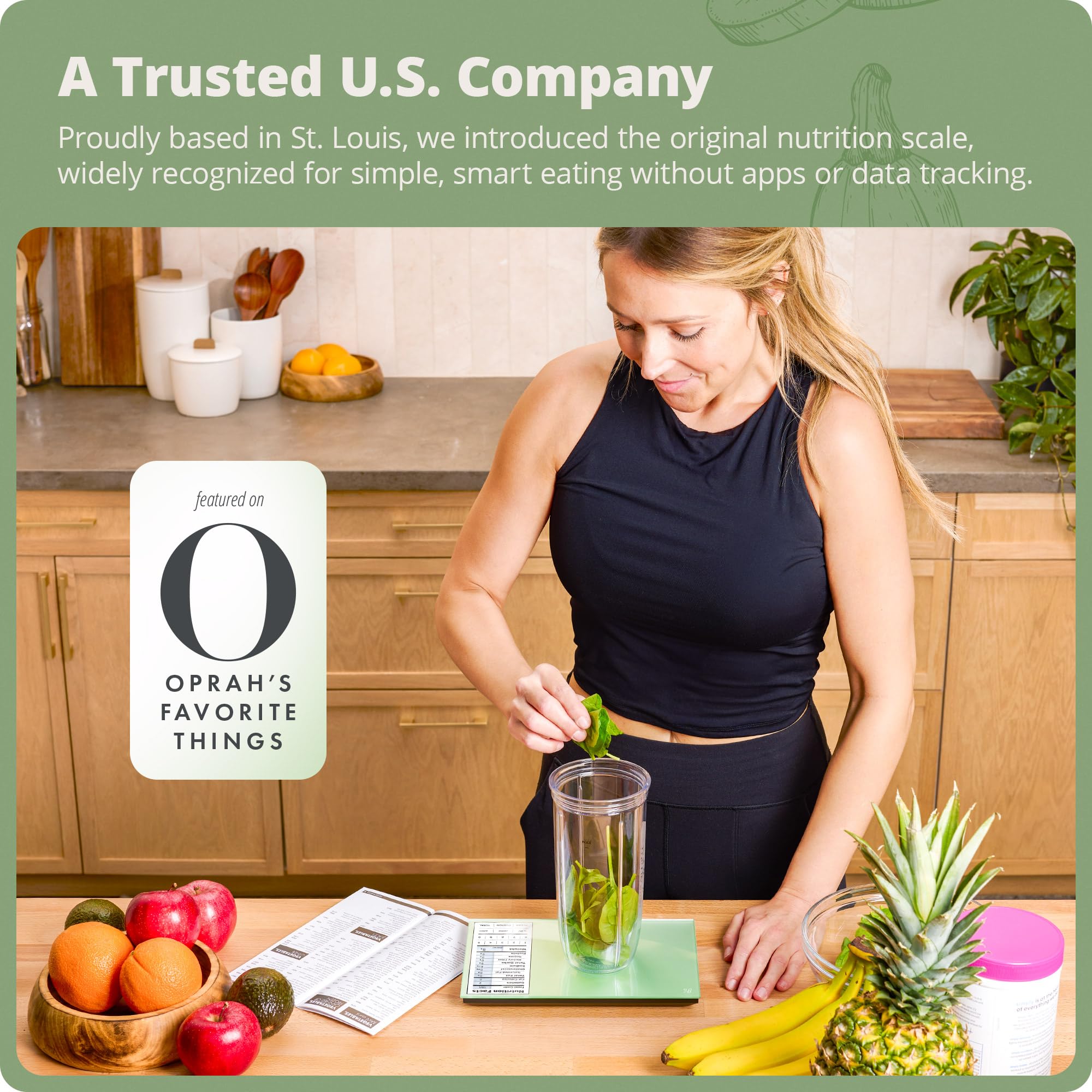 Greater Goods scale on countertop in kitchen setting to illustrate everyday meal prep convenience