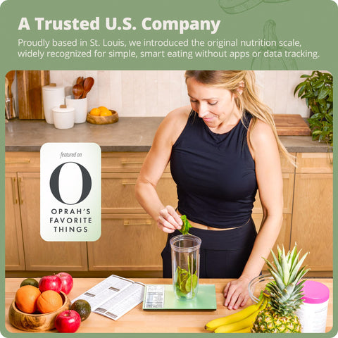 Greater Goods scale on countertop in kitchen setting to illustrate everyday meal prep convenience