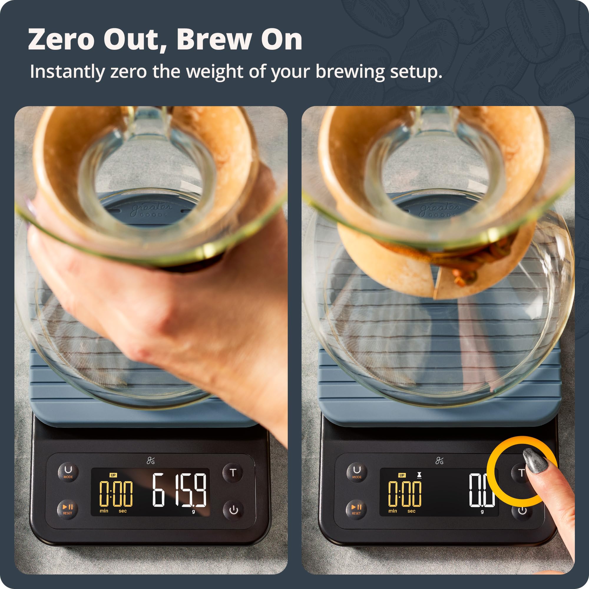 Greater Goods scale next to a mug showing scale size and workspace fit
