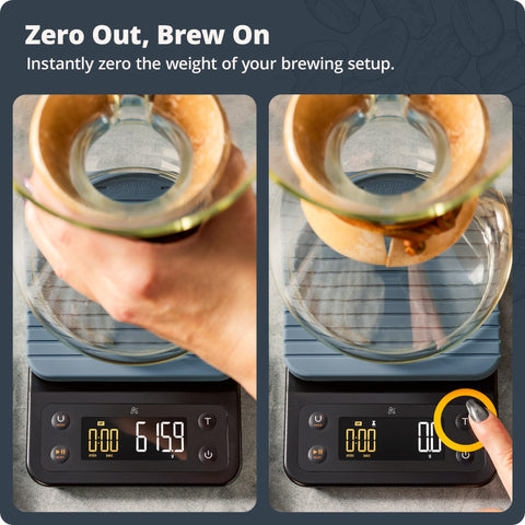Greater Goods scale next to a mug showing scale size and workspace fit