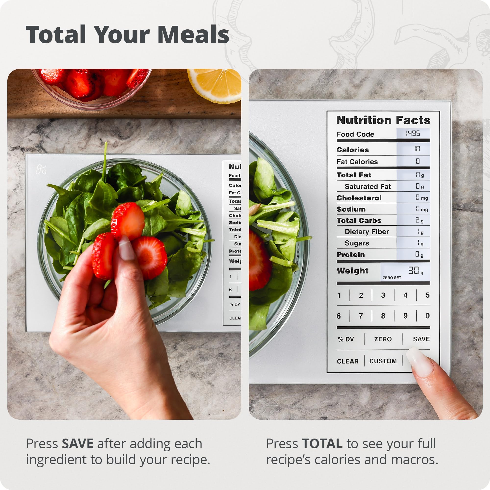 Greater Goods scale with bowl and tare in use demonstrating cumulative recipe nutrition totals