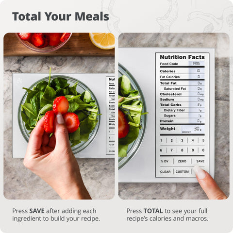 Greater Goods scale with bowl and tare in use demonstrating cumulative recipe nutrition totals