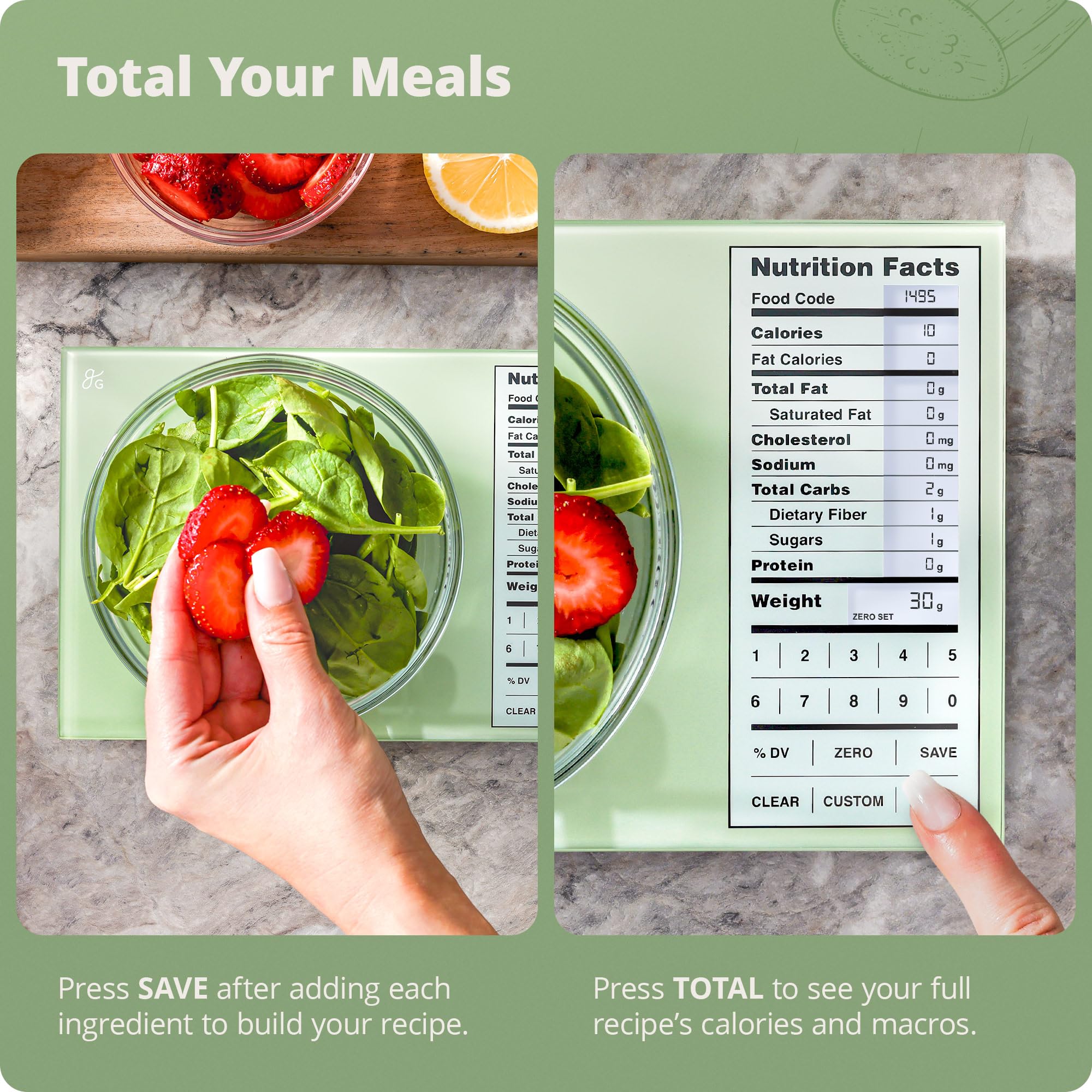 Greater Goods scale weighing a bowl of salad to show tare function and cumulative nutrition